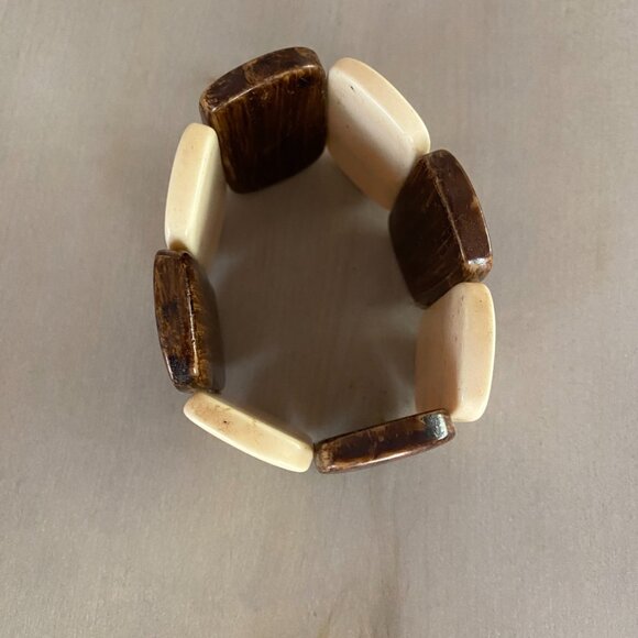 Vintage Brown Cream Chunky Cow Bone Panel Stretch Bracelet Boho Earthy Tribal - Picture 3 of 10